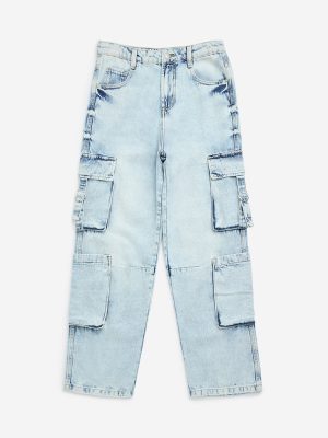 Y&F Kids Light Blue Cargo-Style Relaxed-Fit High-Rise Jeans