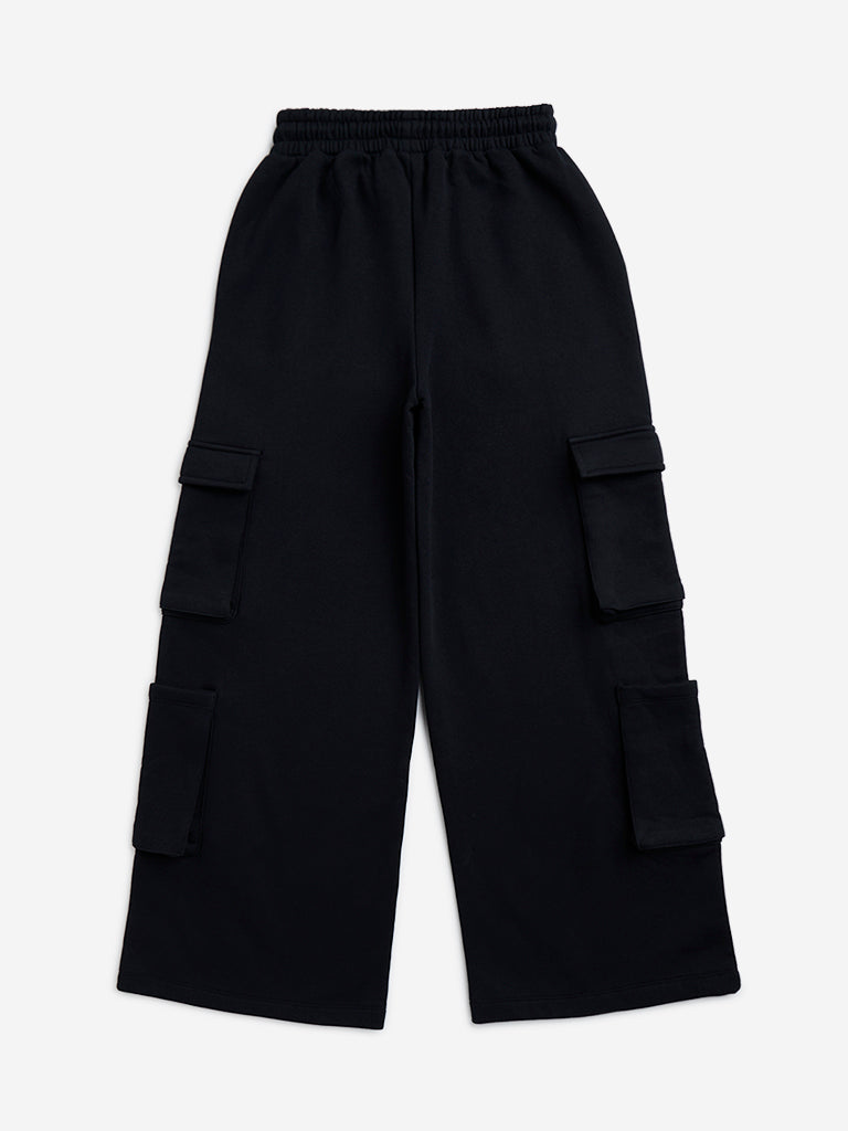 Y&F Kids Black Cargo-Style Mid-Rise Cotton-Blend Track Pants - Image 3