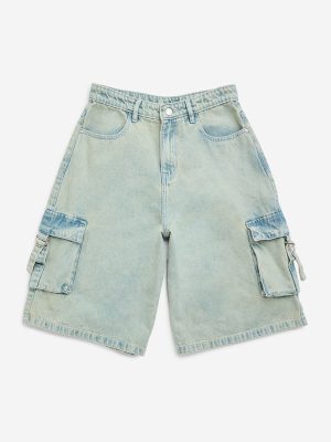 Y&F Kids Light Blue Cargo-Style Denim Shorts