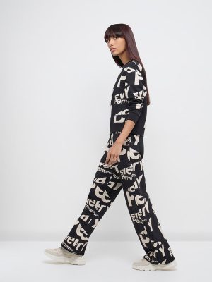 Studiofit Black Typographic High-Rise Cotton Track Pants