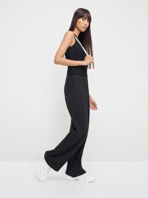 Studiofit Black Ribbed High-Rise Track Pants