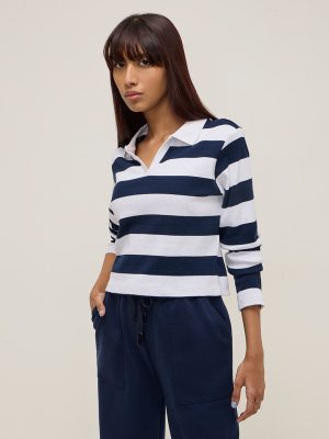 Studiofit Navy Striped Ribbed Cotton-Blend T-Shirt