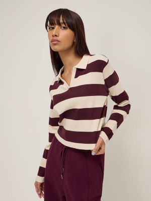 Studiofit Wine Striped and Ribbed Cotton-Blend T-Shirt