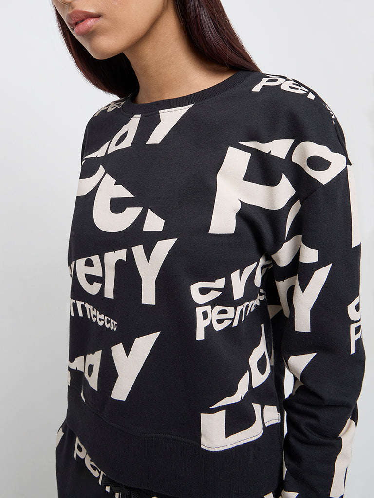 Studiofit Black Typographic Design Cotton Sweatshirt - Image 3