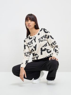 Studiofit Beige Text Printed Cotton Sweatshirt
