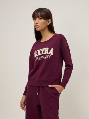Studiofit Wine Text Embroidered Cotton Sweatshirt
