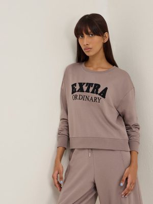 Studiofit Beige Text Embroidered Cotton Sweatshirt