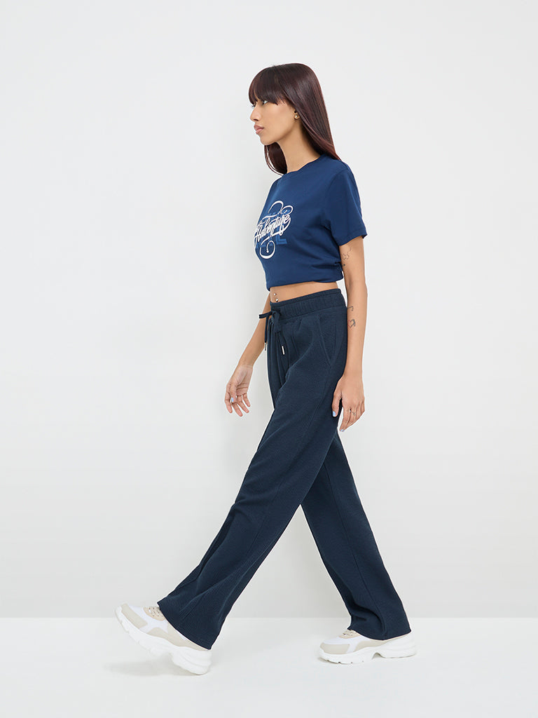 Studiofit Navy Blue Text Printed Cotton T-Shirt - Image 3