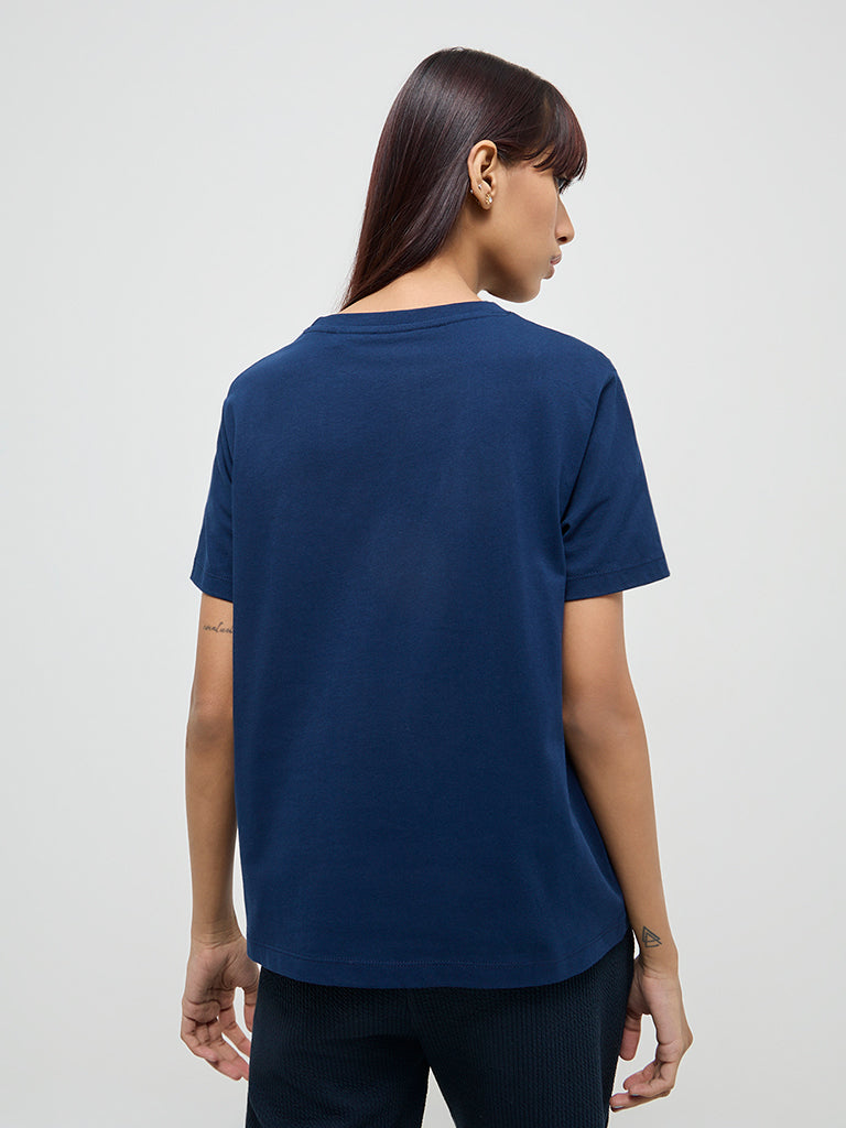 Studiofit Navy Blue Text Printed Cotton T-Shirt - Image 4