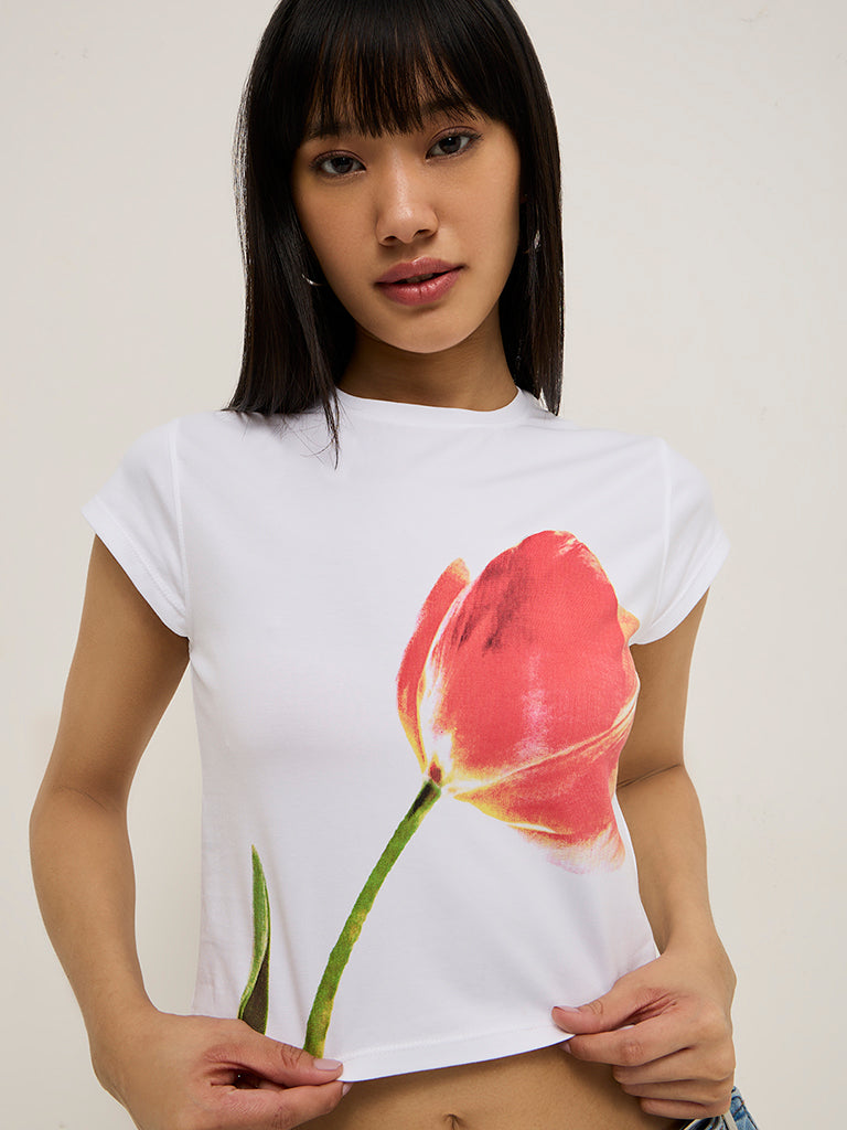 Nuon White Floral Patterned Cotton-Blend T-Shirt - Image 2