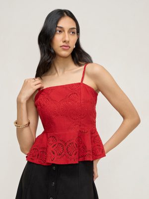 LOV Red Lace Design Peplum Cotton-Blend Top