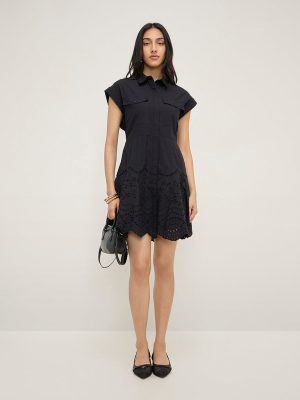 LOV Black Schiffli Design Cotton Shirt Dress