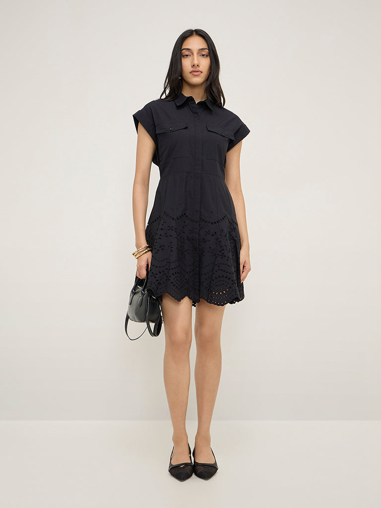 LOV Black Schiffli Design Cotton Shirt Dress