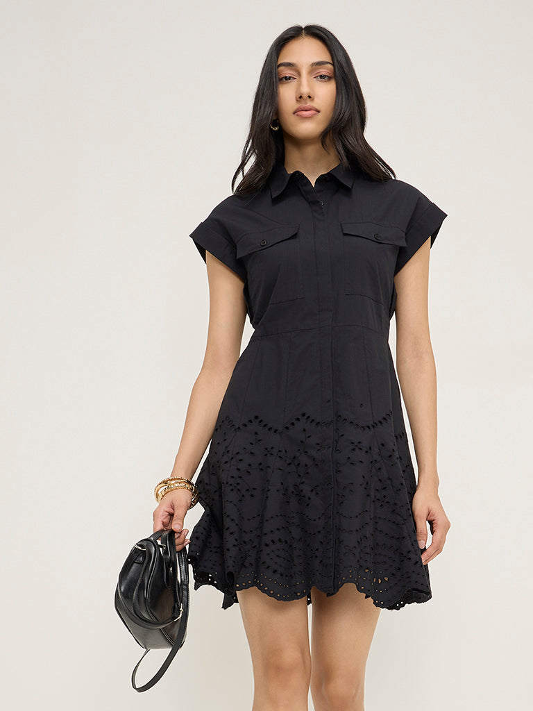 LOV Black Schiffli Design Cotton Shirt Dress - Image 3