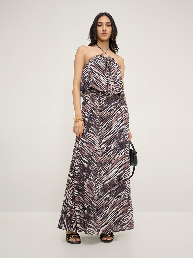LOV Multicolour Animal Print Halter-Neck Maxi Dress