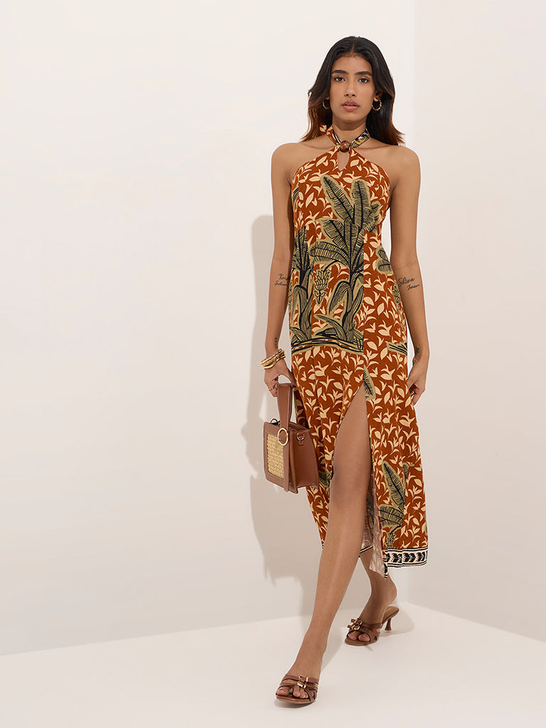 LOV Brown Tropical Printed A-Line Dress - Image 3