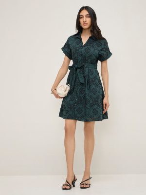 LOV Teal Floral Embroidered A-Line Cotton Shirt Dress with Belt