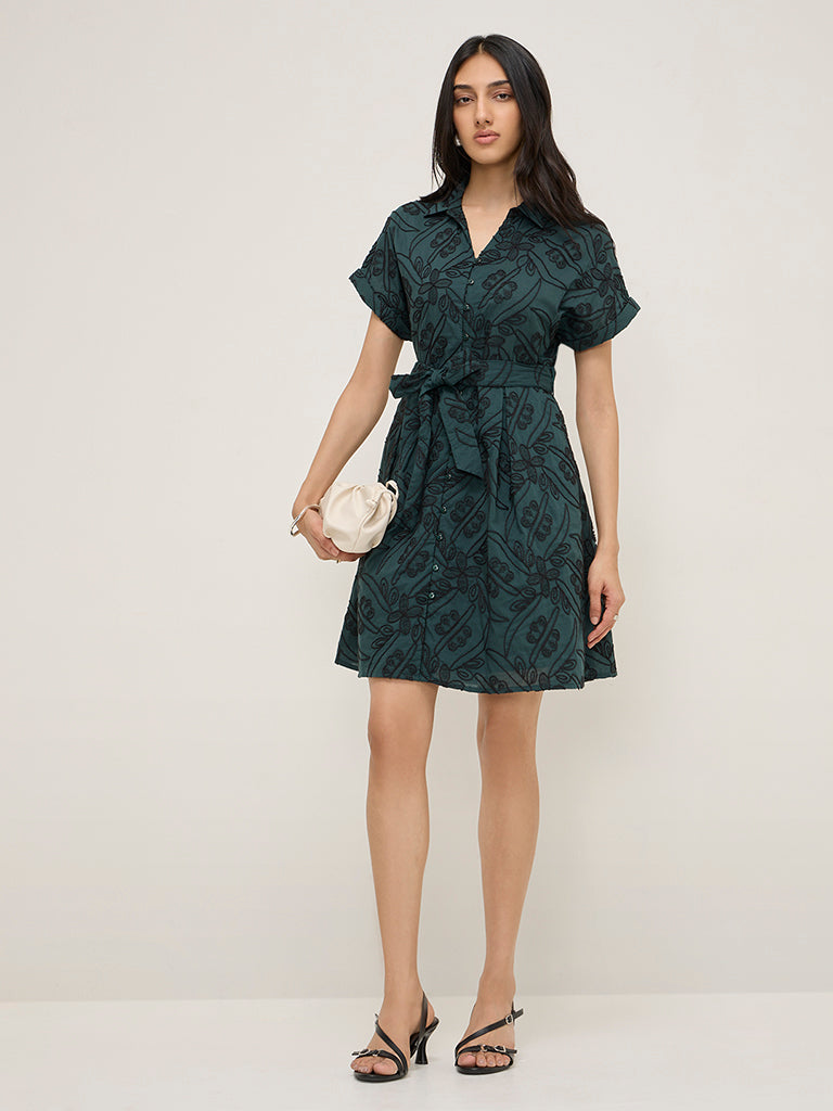 LOV Teal Floral Embroidered A-Line Cotton Shirt Dress with Belt