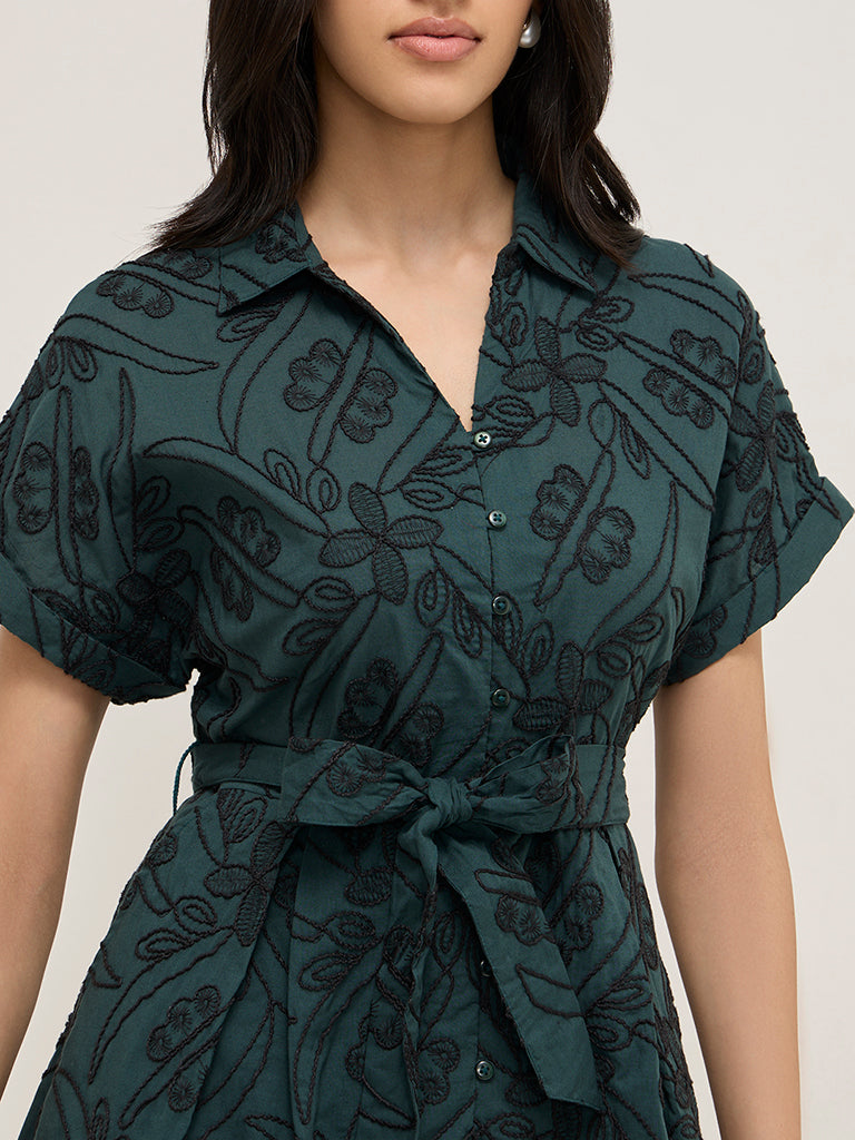 LOV Teal Floral Embroidered A-Line Cotton Shirt Dress with Belt - Image 2