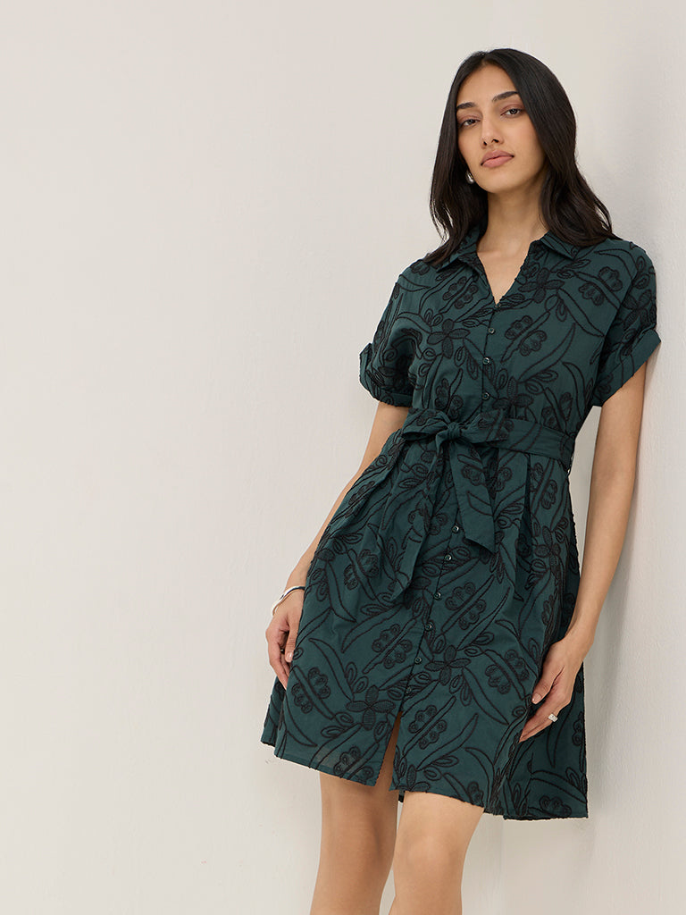 LOV Teal Floral Embroidered A-Line Cotton Shirt Dress with Belt - Image 3