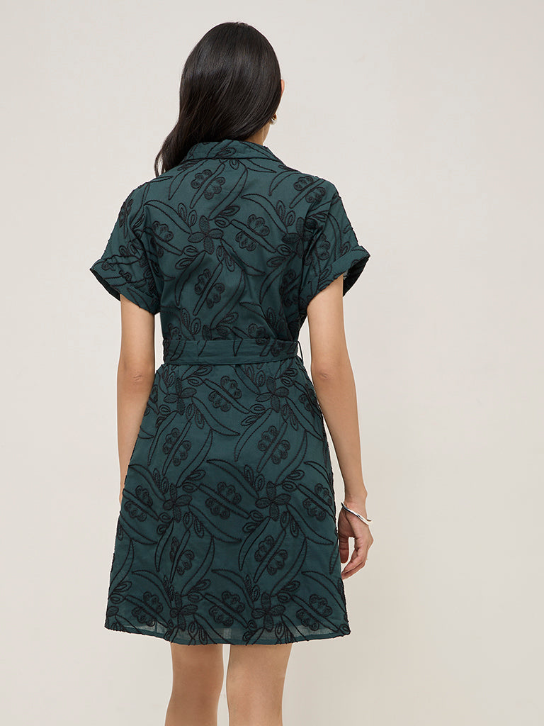 LOV Teal Floral Embroidered A-Line Cotton Shirt Dress with Belt - Image 4