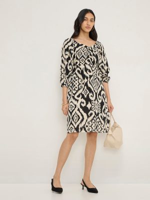 LOV Black Ikat Design Cotton-Blend A-Line Dress