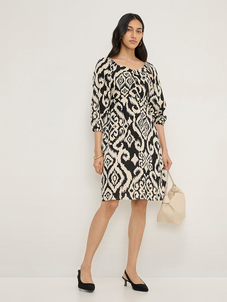 LOV Black Ikat Design Cotton-Blend A-Line Dress