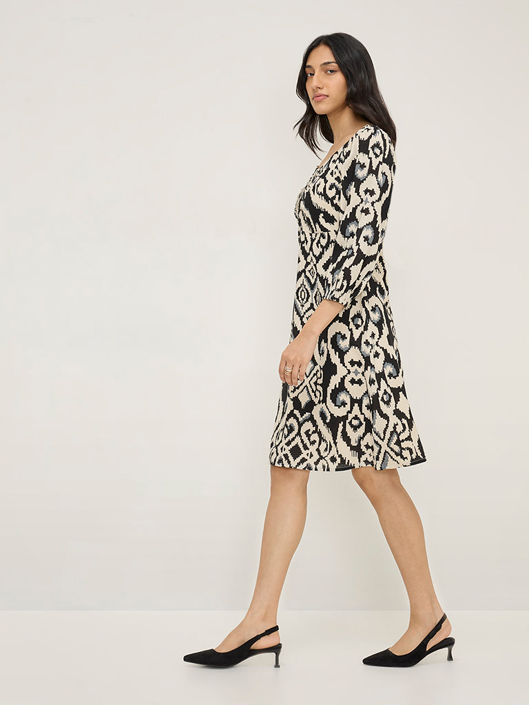 LOV Black Ikat Design Cotton-Blend A-Line Dress - Image 3