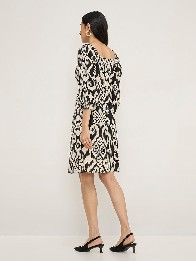 LOV Black Ikat Design Cotton-Blend A-Line Dress - Image 4