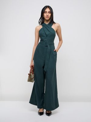 LOV Dark Green Solid Jumpsuit with Belt