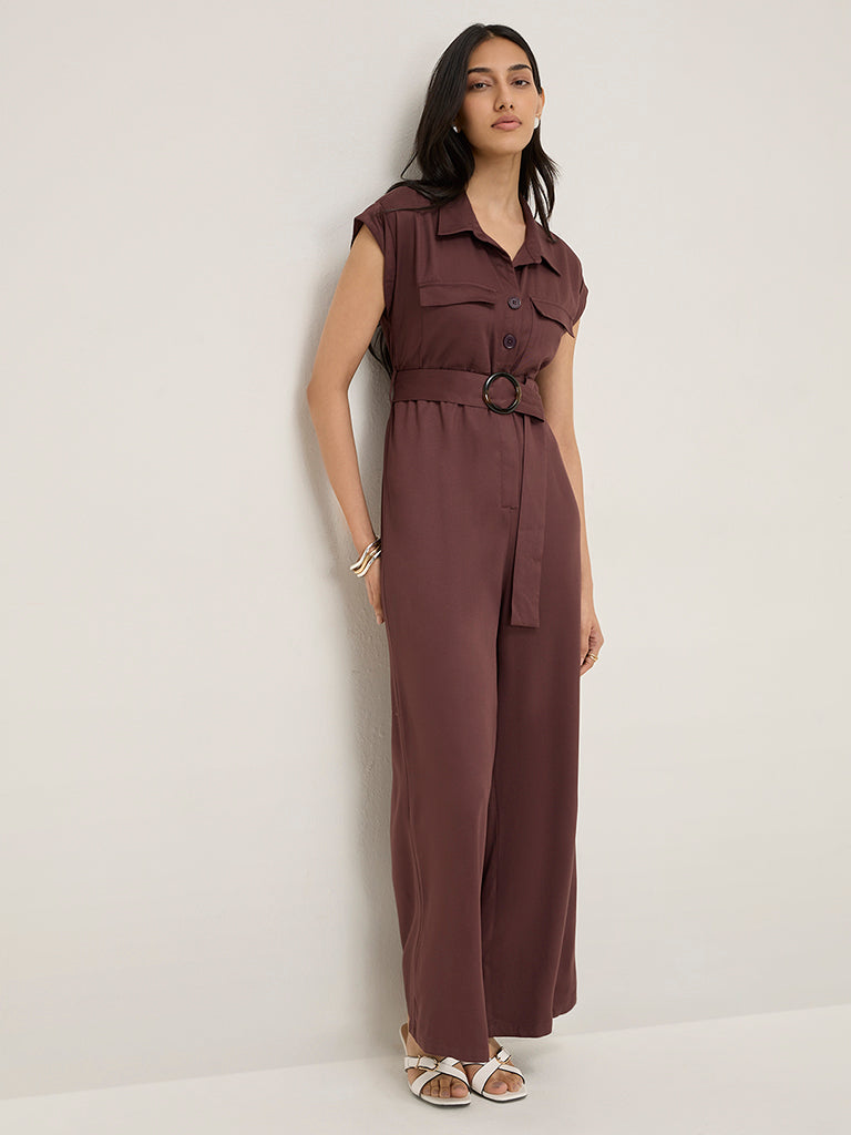 LOV Brown Belted Cotton Jumpsuit with Belt - Image 3