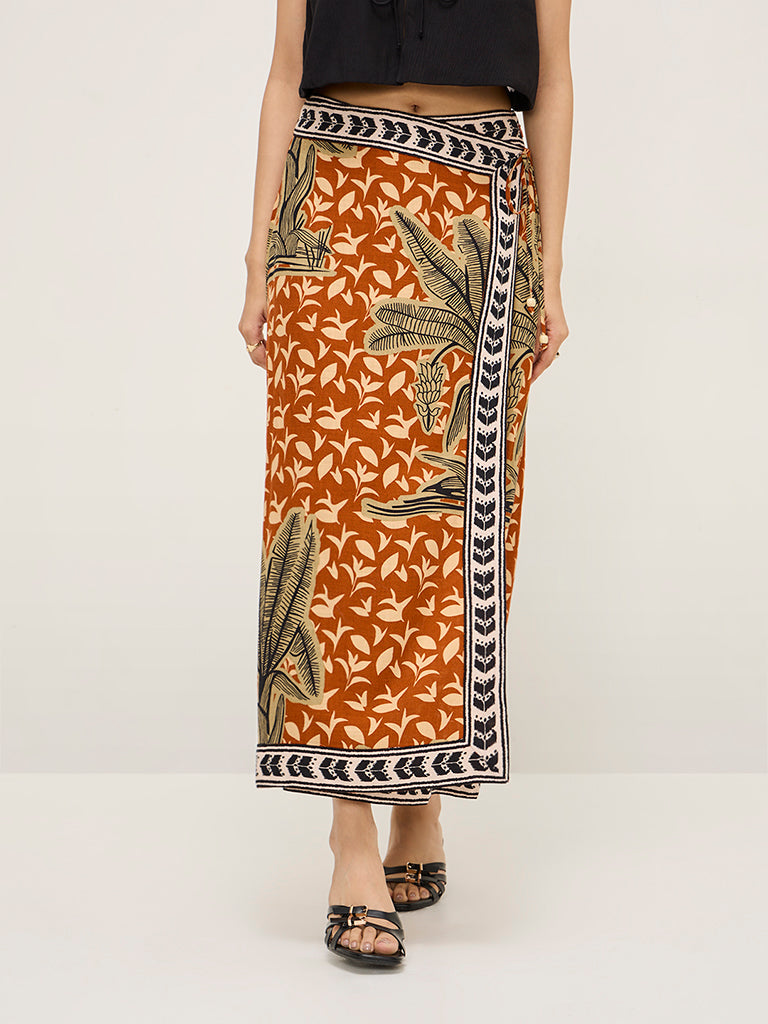 LOV Rust Leaf Design High-Rise Skirt - Image 3