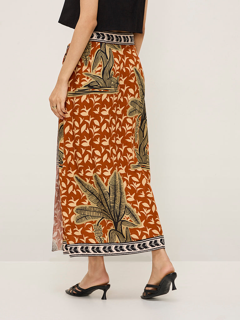 LOV Rust Leaf Design High-Rise Skirt - Image 4