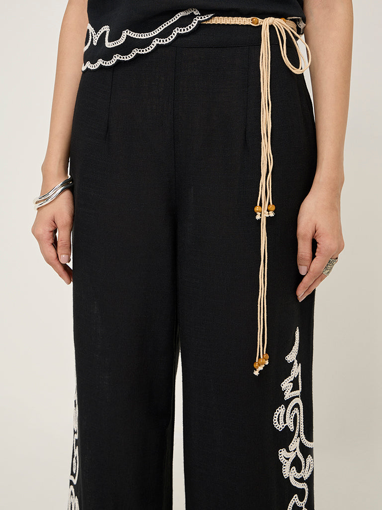LOV Black Crochet-Detailed Wide-Leg High-Rise Pants - Image 2
