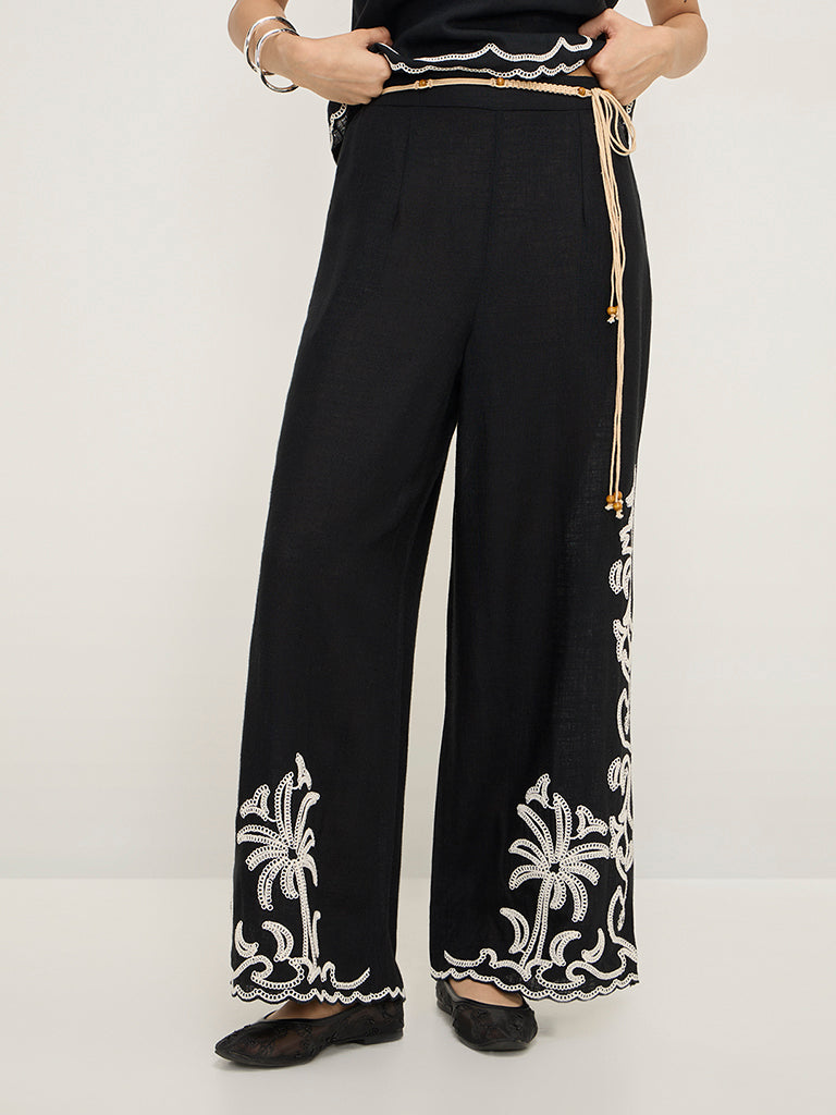 LOV Black Crochet-Detailed Wide-Leg High-Rise Pants - Image 3