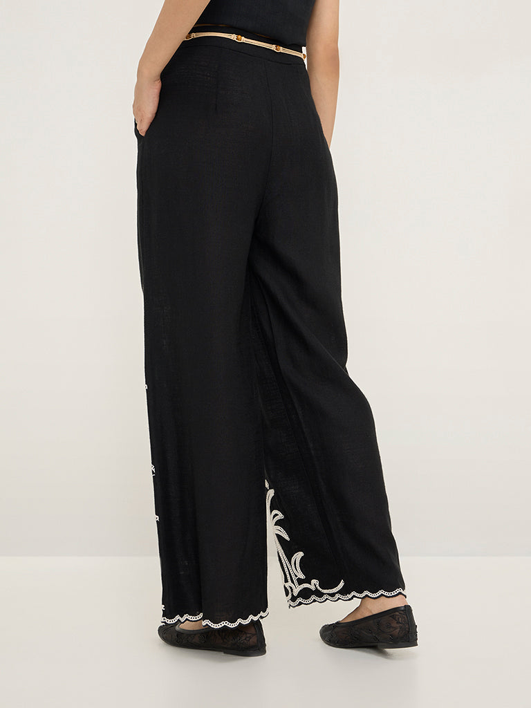 LOV Black Crochet-Detailed Wide-Leg High-Rise Pants - Image 4