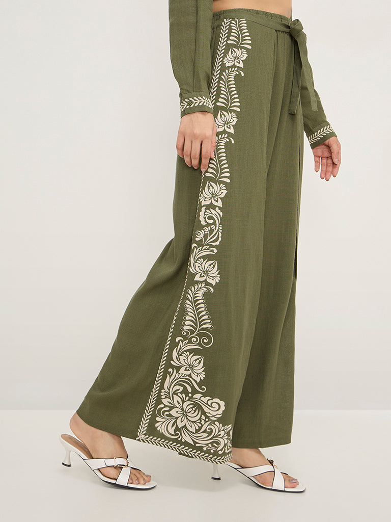 LOV Olive Floral Printed High-Rise Palazzos - Image 3