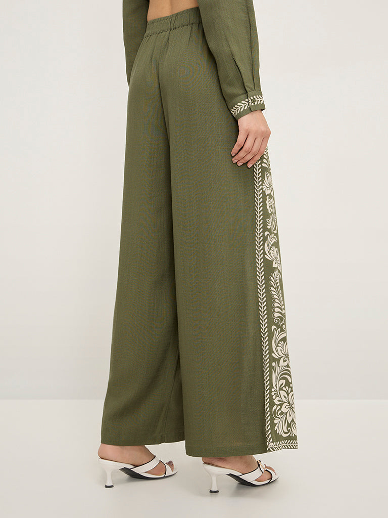 LOV Olive Floral Printed High-Rise Palazzos - Image 4