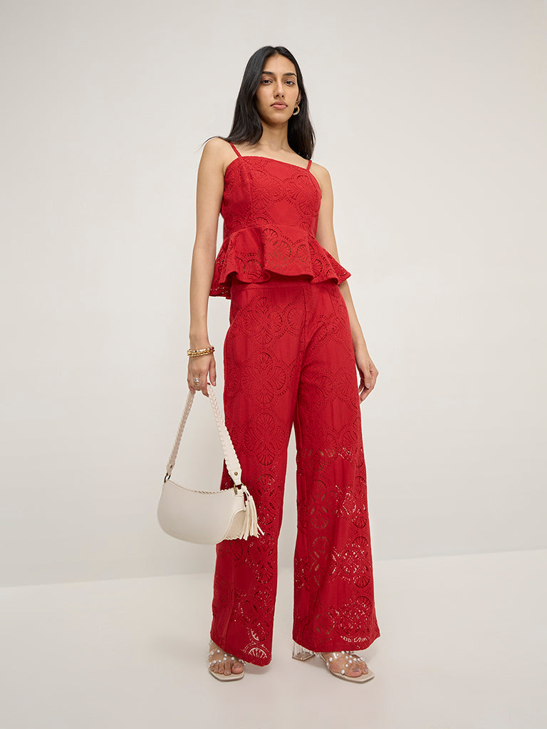 LOV Red Lace Detailed High-Rise Cotton-Blend Trousers