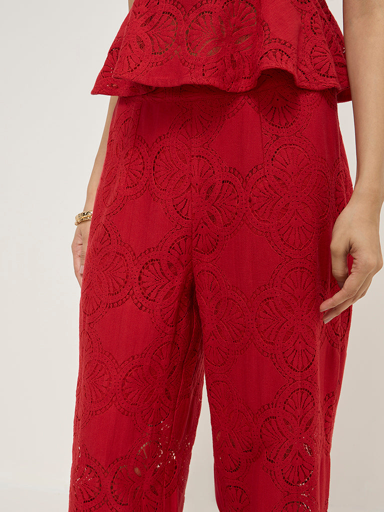 LOV Red Lace Detailed High-Rise Cotton-Blend Trousers - Image 2