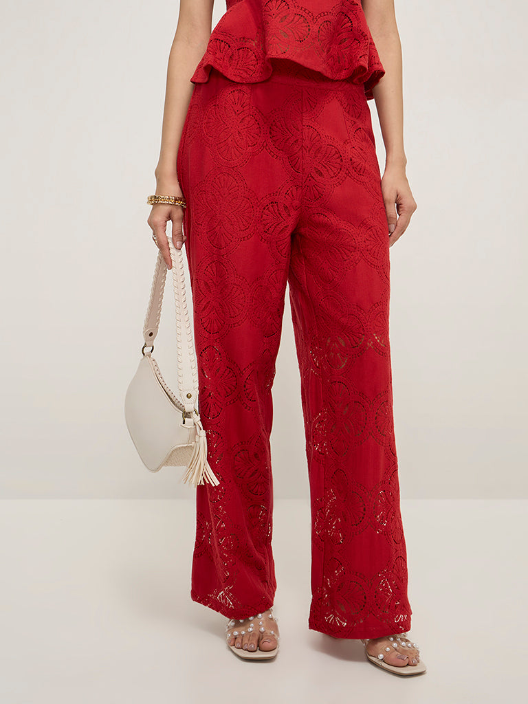 LOV Red Lace Detailed High-Rise Cotton-Blend Trousers - Image 3