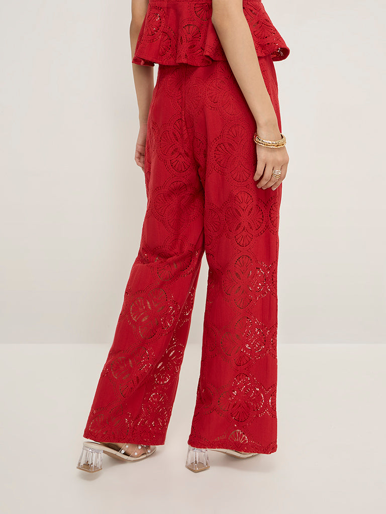 LOV Red Lace Detailed High-Rise Cotton-Blend Trousers - Image 4