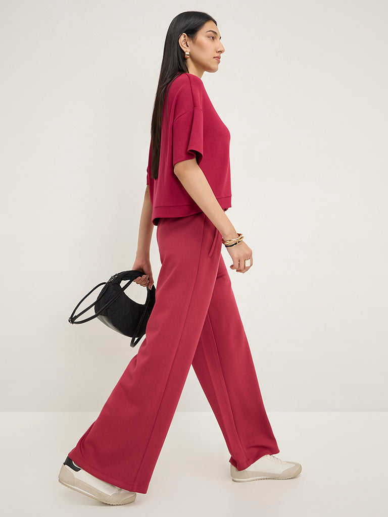 LOV Red Solid High-Rise Track Pants