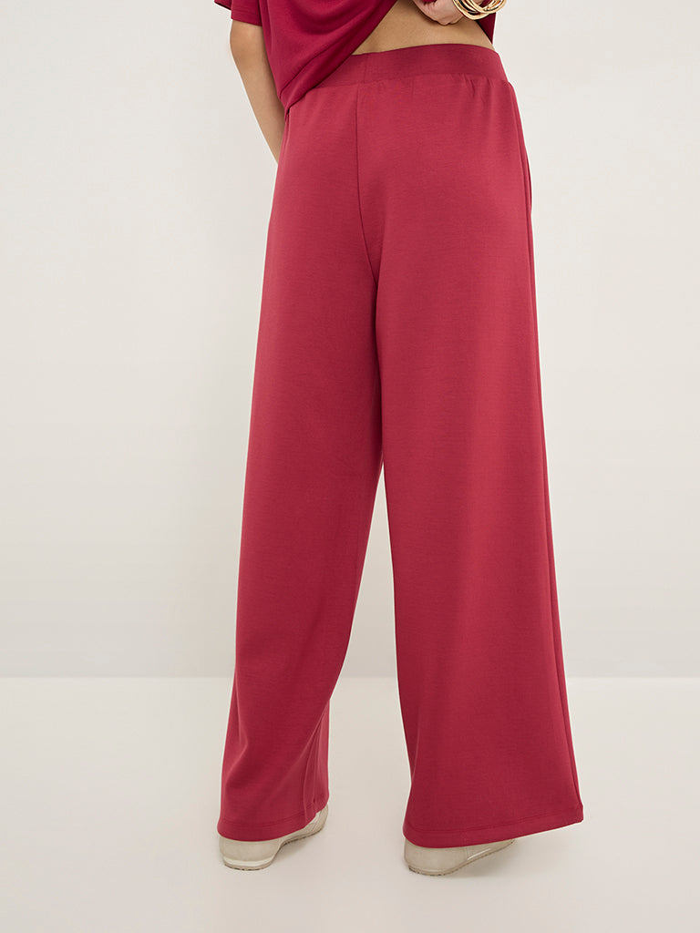 LOV Red Solid High-Rise Track Pants - Image 4
