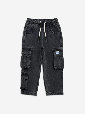 HOP Kids Black Cargo-Style Relaxed-Fit Mid-Rise Jeans