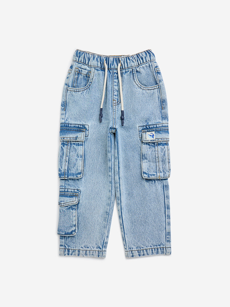 HOP Kids Light Blue Cargo-Style Relaxed-Fit Mid-Rise Jeans