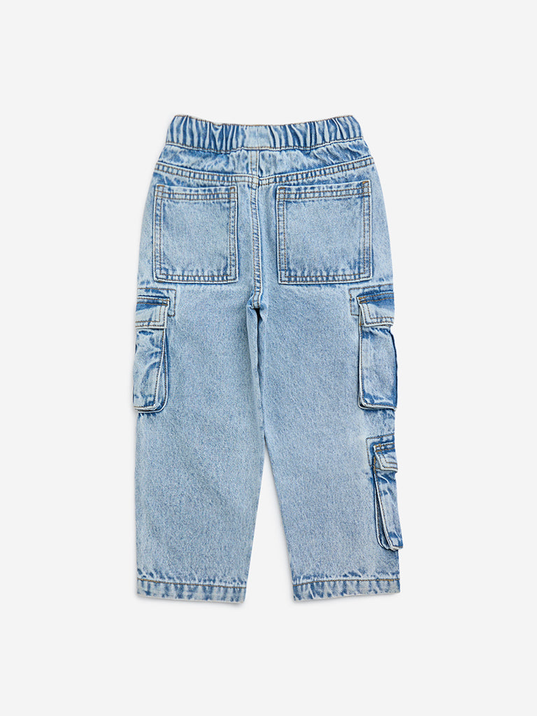 HOP Kids Light Blue Cargo-Style Relaxed-Fit Mid-Rise Jeans - Image 2