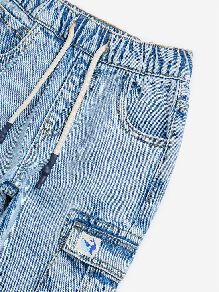 HOP Kids Light Blue Cargo-Style Relaxed-Fit Mid-Rise Jeans - Image 3