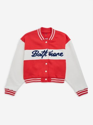 Y&F Kids Red Text Embroidery Cotton-Blend Varsity Jacket