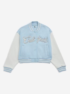 Y&F Kids Light Blue Text Embroidery Cotton-Blend Varsity Jacket